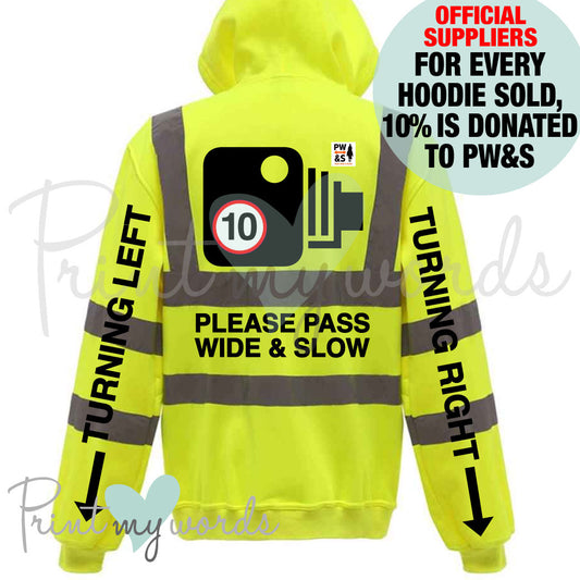 Official PW&S High Visibility Hi Vis Equestrian Neon Electric REFLECTIVE Full Zip Hoodie - CAMERA, TURNING LEFT & RIGHT hi-viz