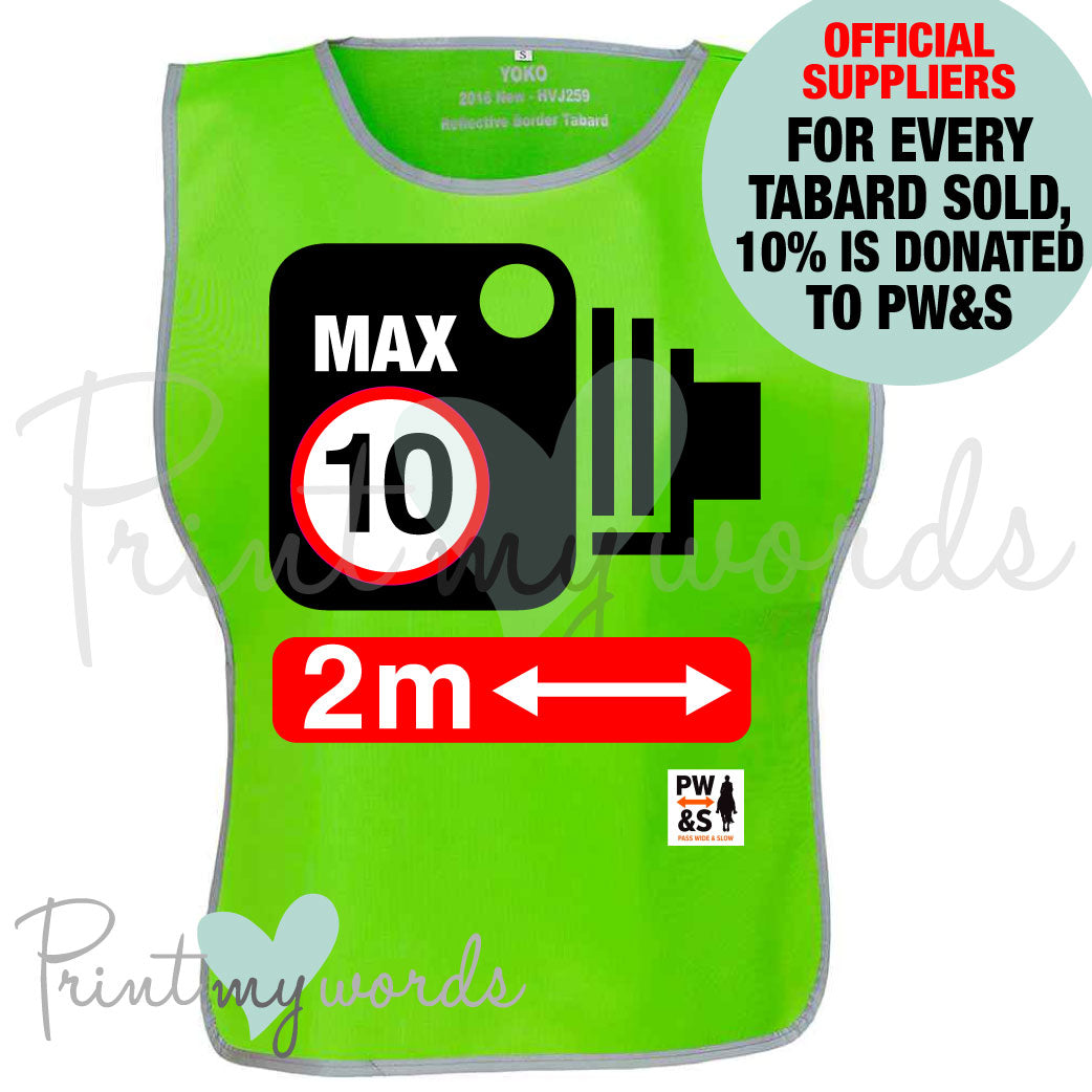 2025 Official PW&S High Visibility Hi Vis Equestrian Reflective Vest Tabard Waistcoat CAMERA, 10mph, PLEASE PASS WIDE & SLOW