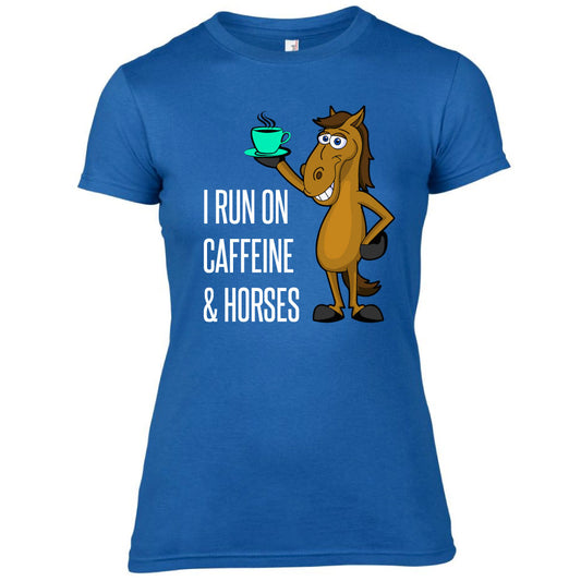 (Unisex XL) I Run on Caffeine & Horses Funny Equestrian T-shirt