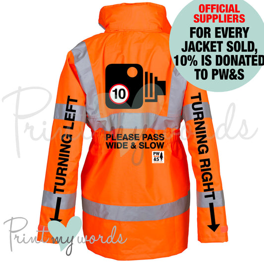 Official PW&S TURNING Ladies Executive High Visibility Hi Vis Equestrian Reflective Jacket Coat CAMERA, 10mph, PLEASE PASS WIDE & SLOW - TURNING SLEEVES