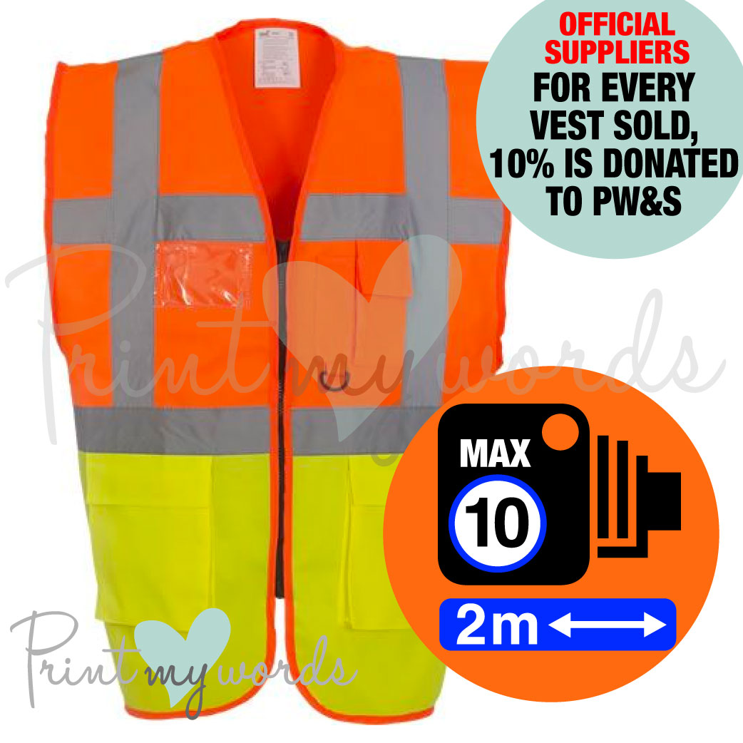 2025 Official PW&S High Visibility Hi Vis Equestrian Reflective Zip-Up Waistcoat CAMERA, 10mph, 2m