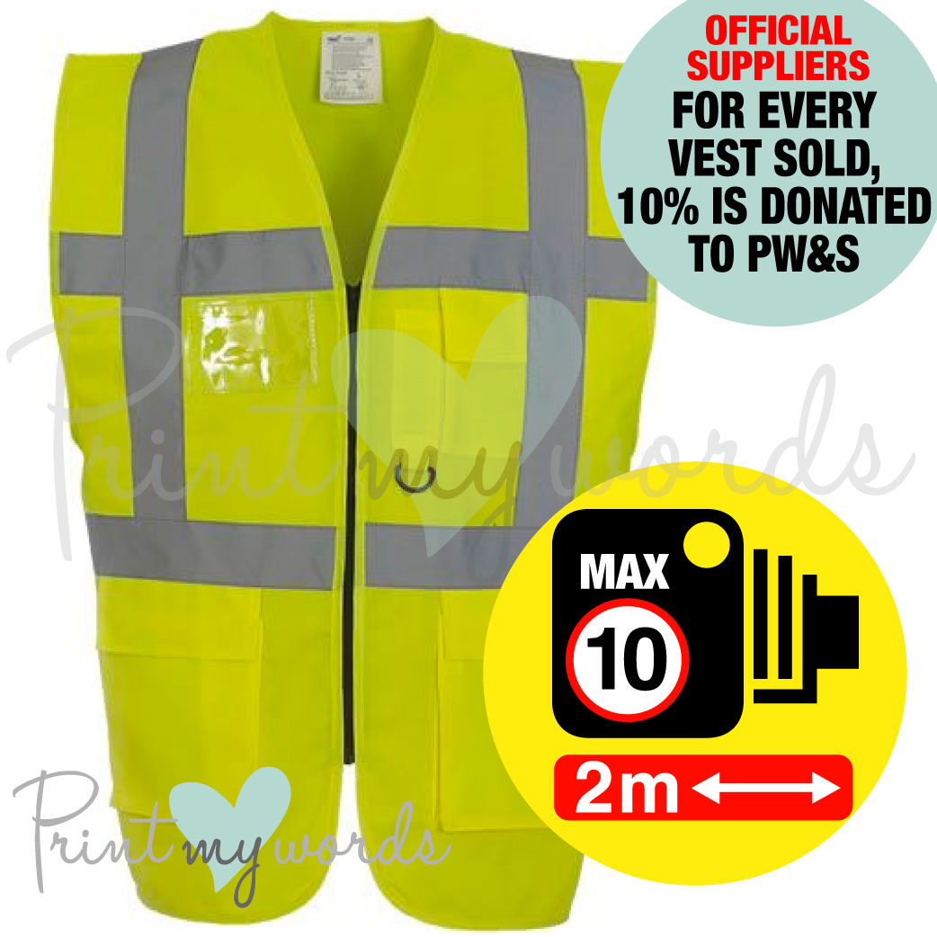 2025 Official PW&S High Visibility Hi Vis Equestrian Reflective Zip-Up Waistcoat CAMERA, 10mph, 2m